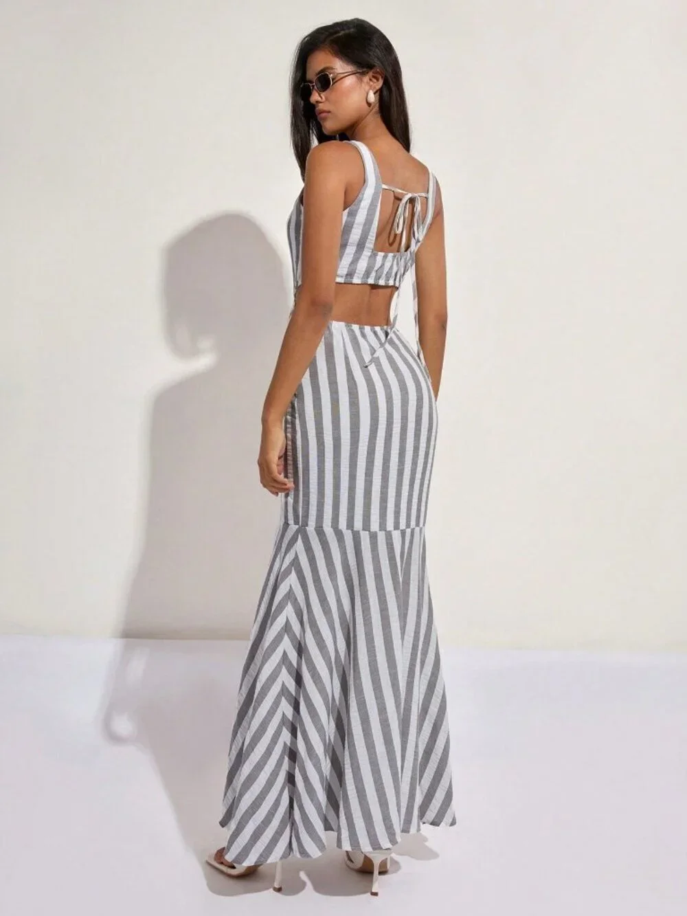 Multicolor Casual Women's striped hollow Back v-neck Mermaid maxi Dress vacay